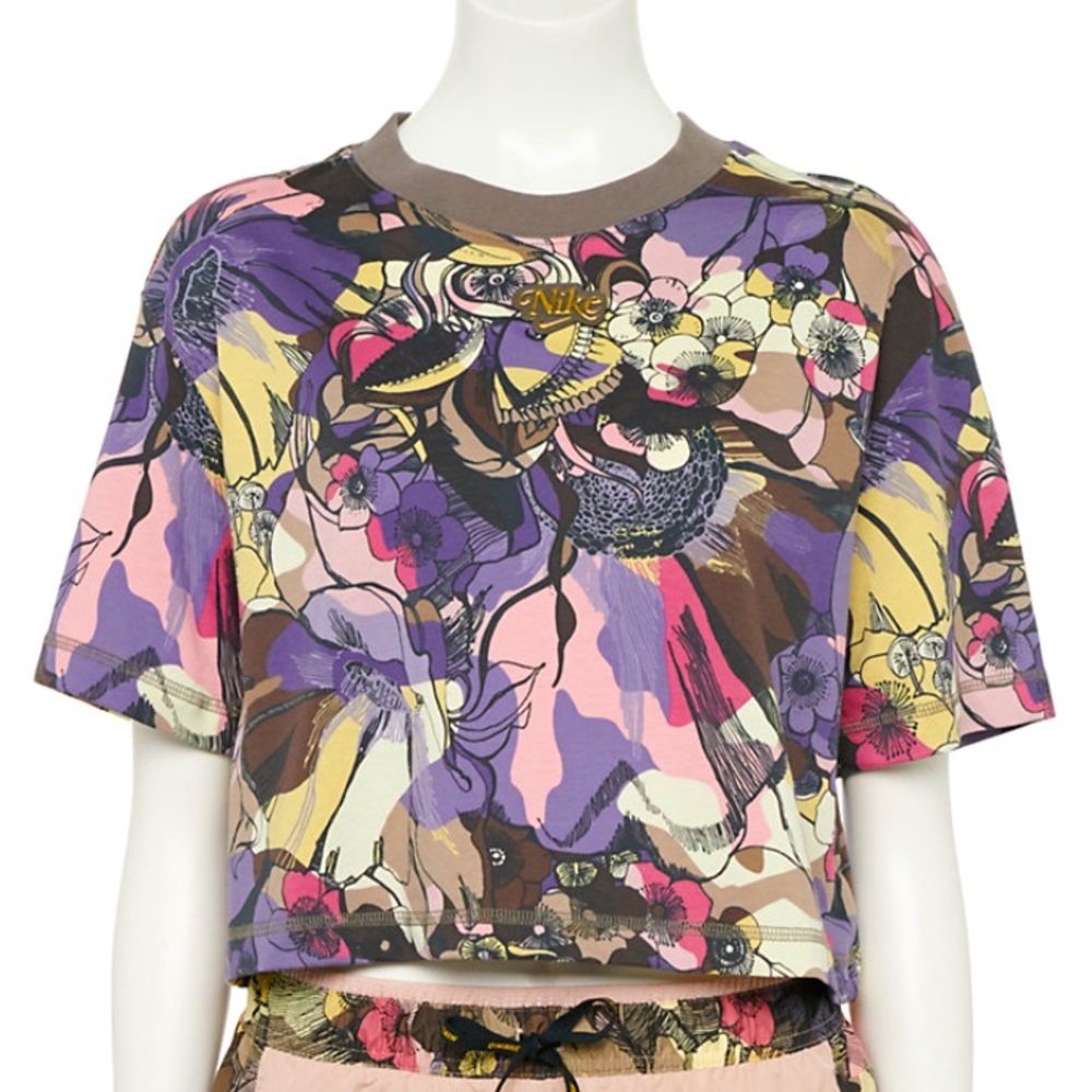 NIKE Crop Top Athletic Shirt Women's Floral Print Multi Color Athleisure NWT